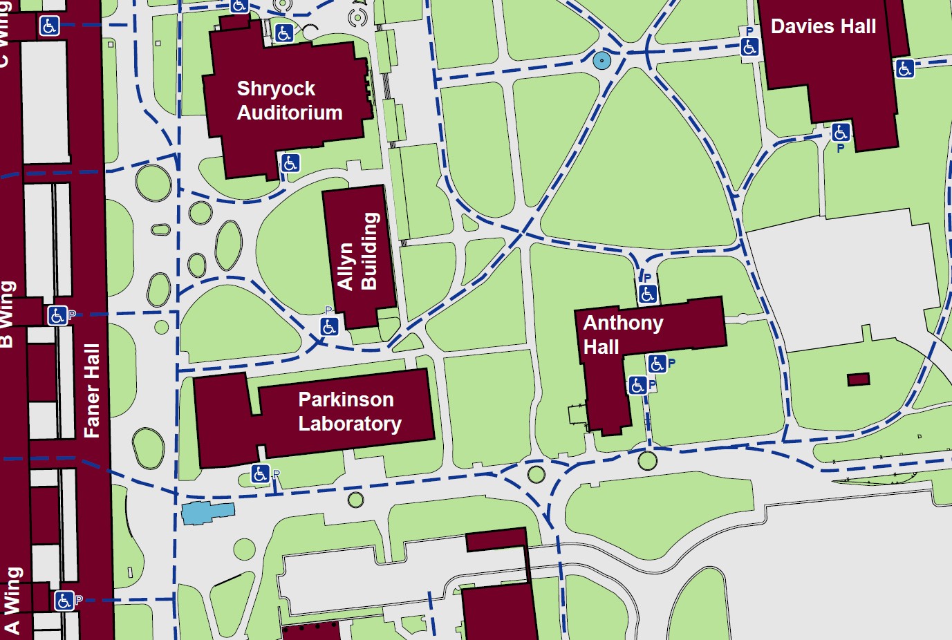 Displaying accessible pathways to the Allyn building with an accessible powered entrance on the southwest side of the building. 