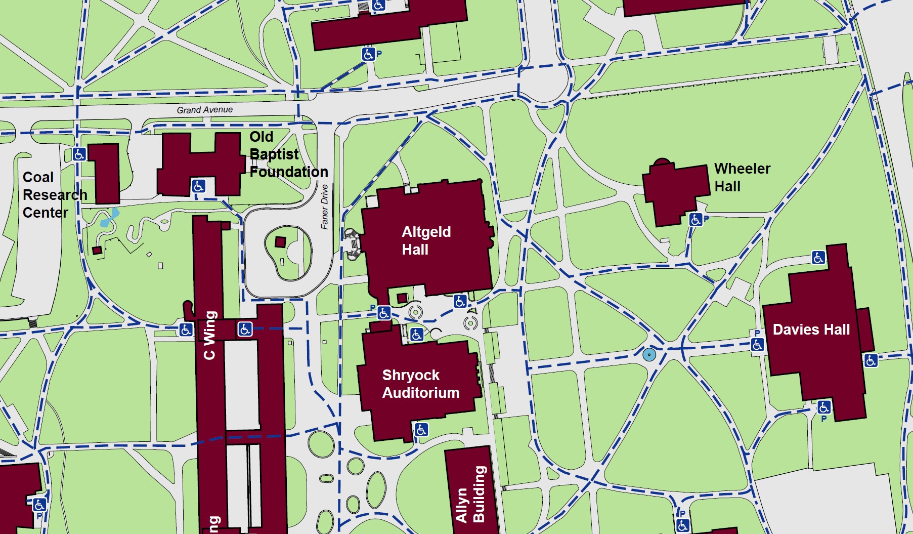 Accessible pathways and entrances to enter Shryock Auditorium. Standard accessible entrances located on the south and northern ends of the building. Powered accessible entrance located to the north of the building at the corridor between Altgeld and Shryock.