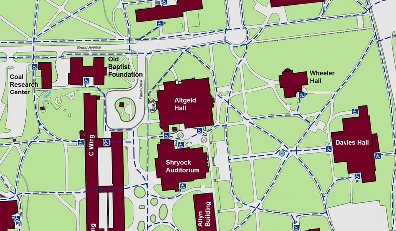 Displaying accessible pathways to Altgeld Hall with a standard accessible entrance on the South end of the building, and a powered entrance on the southwest side of the building. 