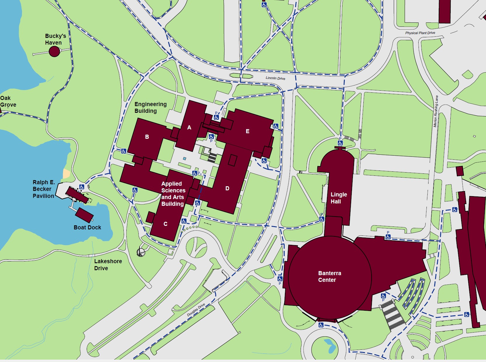 Displaying accessible pathways to the Applied Sciences and Arts Building. The building is indicated with a (C) on the map. Standard accessible entrances on the West and East ends of the building, and a powered entrance North and East sides of the building. 
