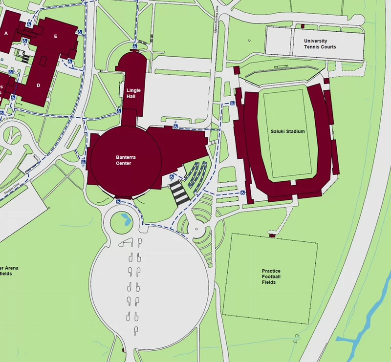 Displaying accessible pathways to Banterra Center with a standard accessible entrance on the south end of the building. Powered accessible entrances are located on the east, northeast, and west sides of the building. 