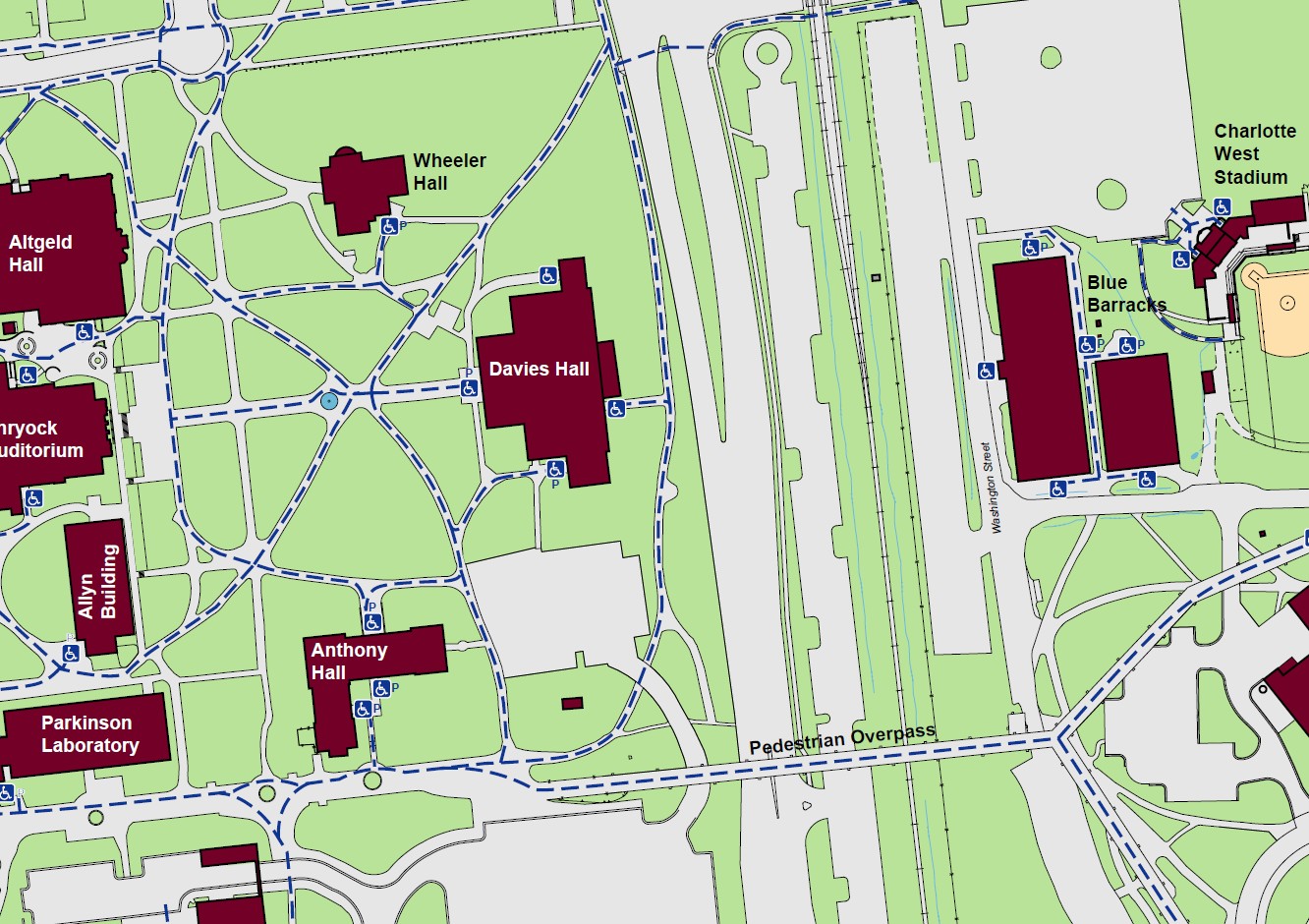 Davies Hall pathways to enter the building. Standard accessible entrances indicated at the North and East ends of the building with Powered Accessible Entrances at the West and South ends of the building.  
