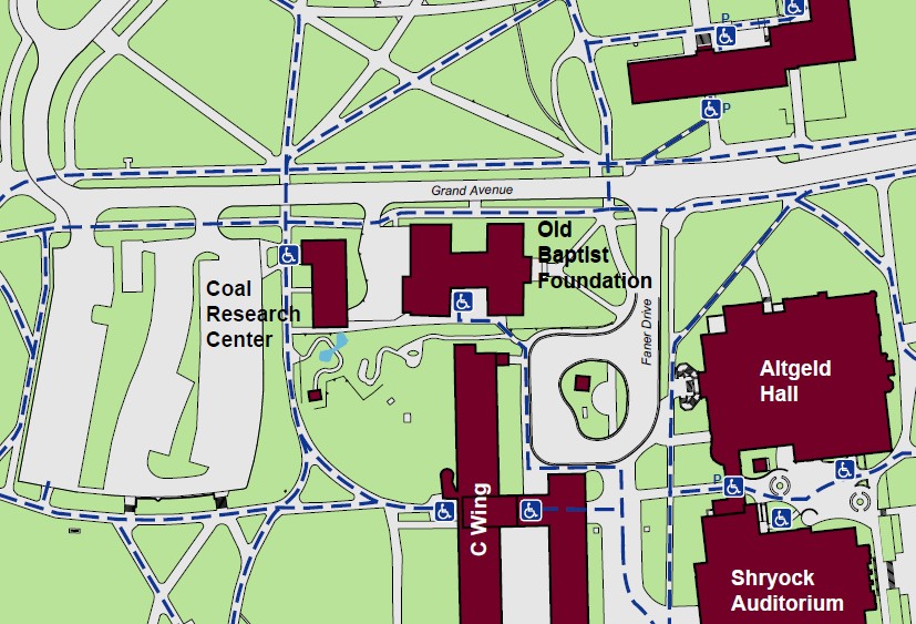 Displaying accessible pathways to Old Baptist Foundation (Doyle Hall) with a standard accessible entrance on the south side of the building.