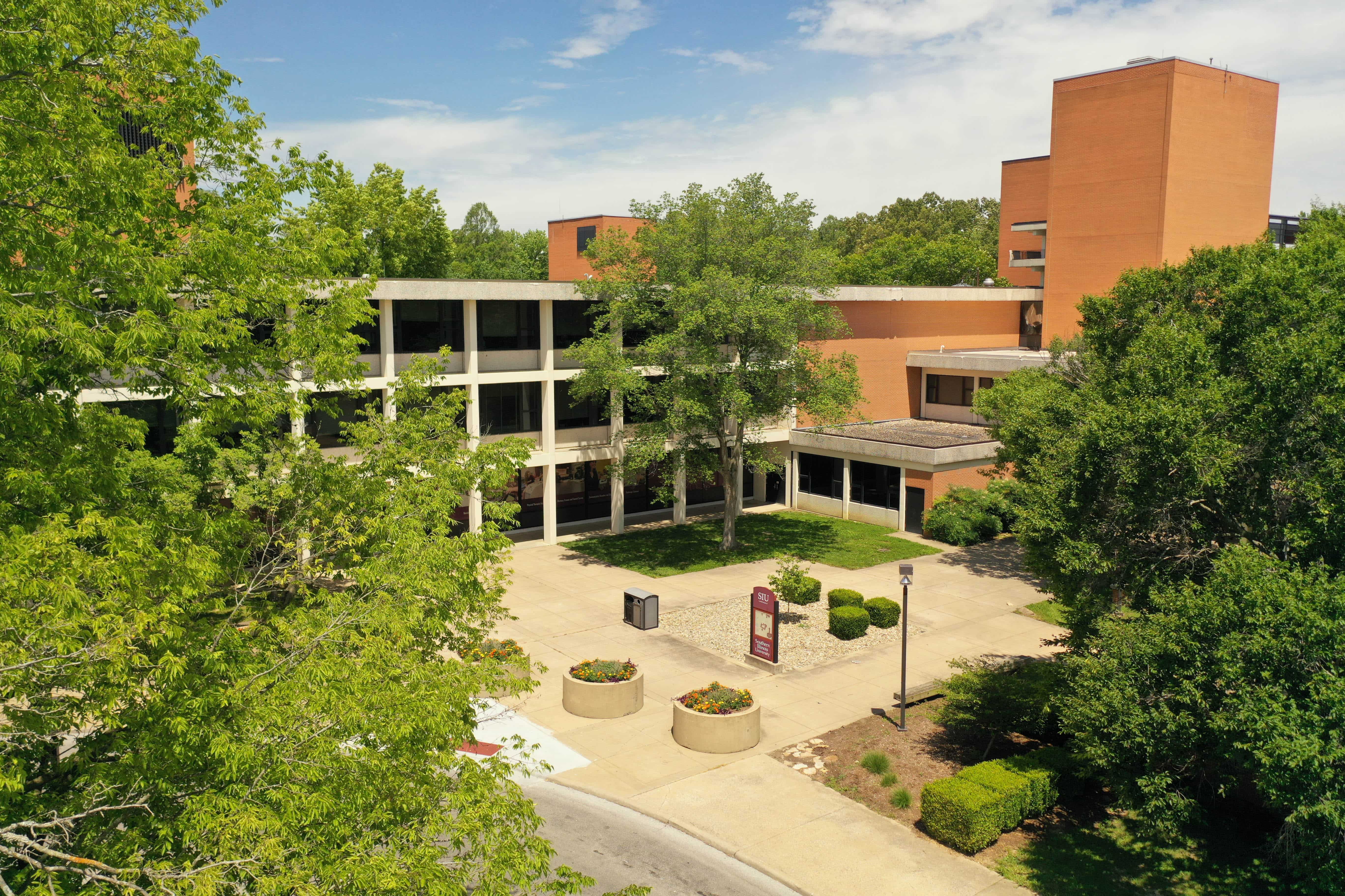 Outside entrance to Engineering Building from circle drive. 