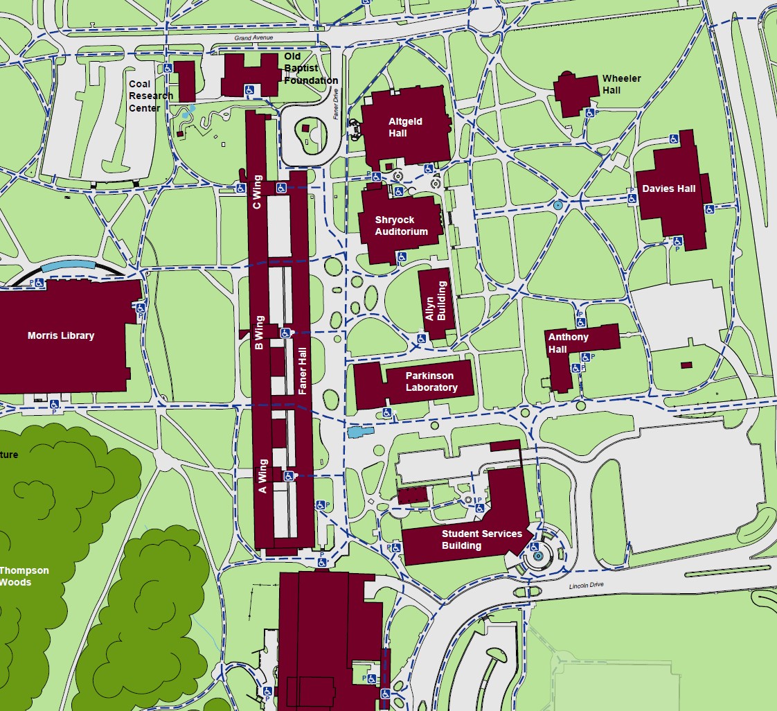 Displaying accessible pathways to Faner hall with two standard accessible entrances on the north end of the building for the C wing. Powered accessible entrances are indicated at the center of both A and B wing, as well as at the southeast end of A wing.