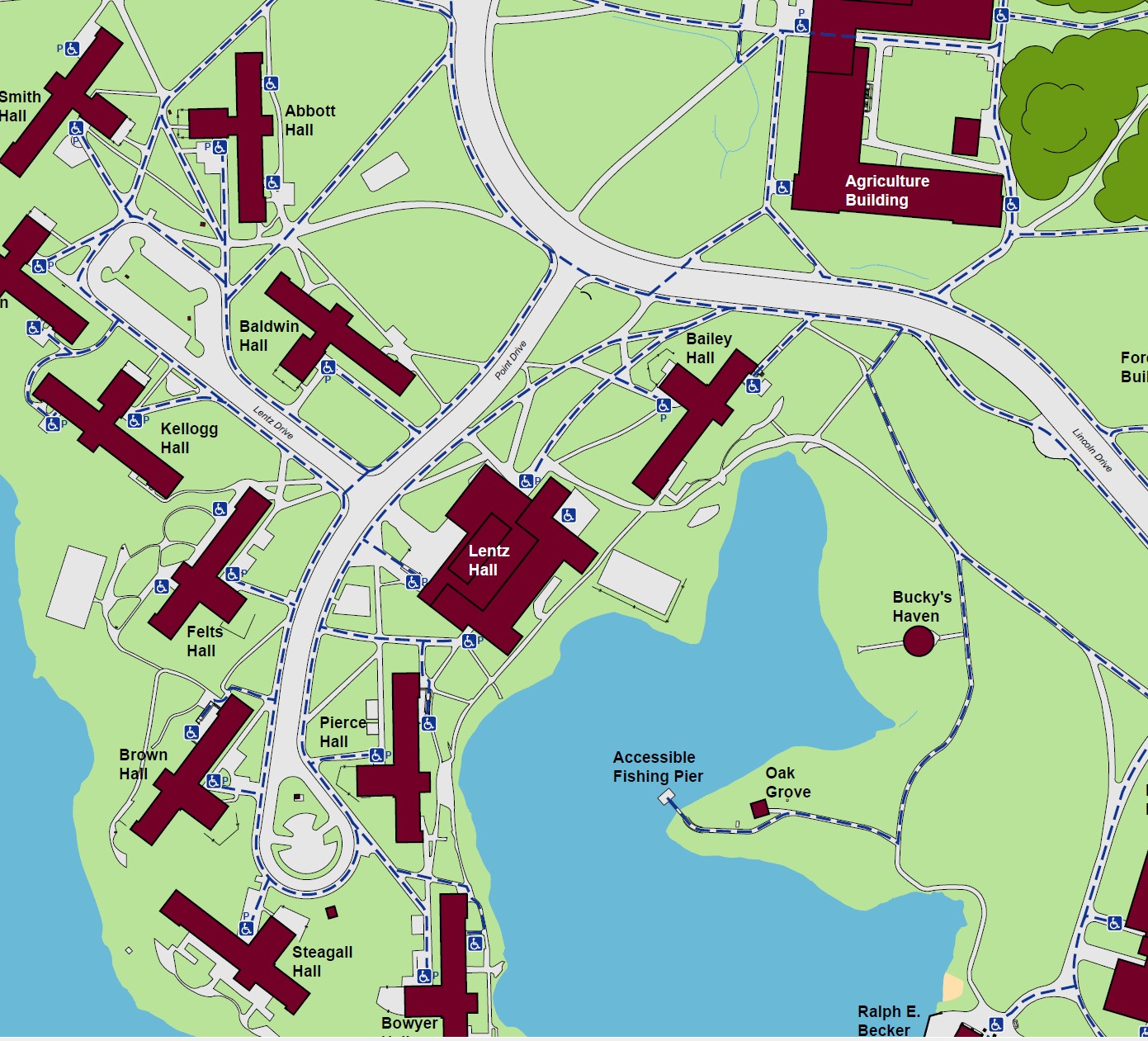 Displaying accessible pathways to Lentz Hall with accessible powered entrances on the north, south, and west sides of the building, with a standard accessible entrance on the northeast side of the building.