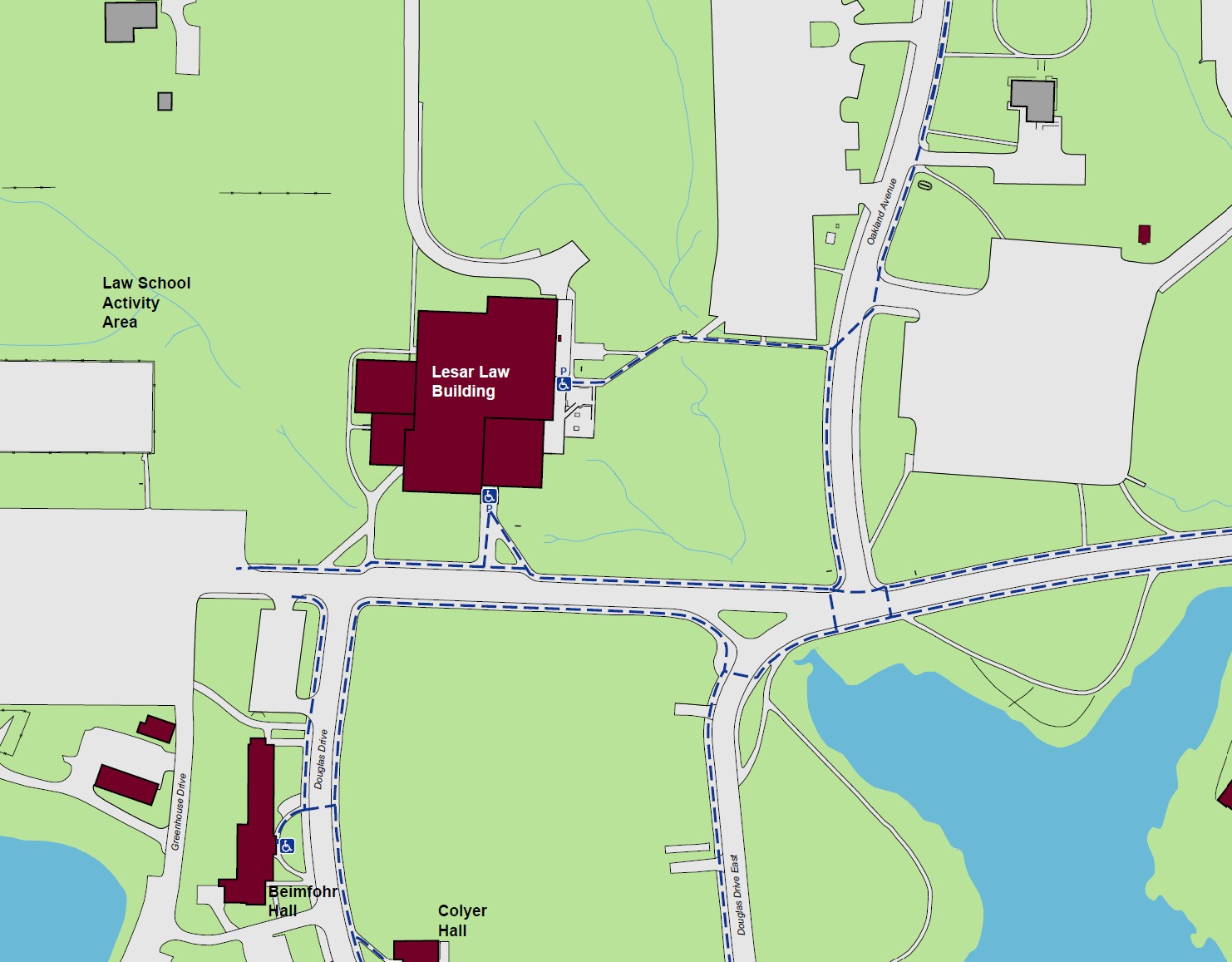 Displaying accessible pathways to the building with powered accessible entrances on the east and south sides of the building.