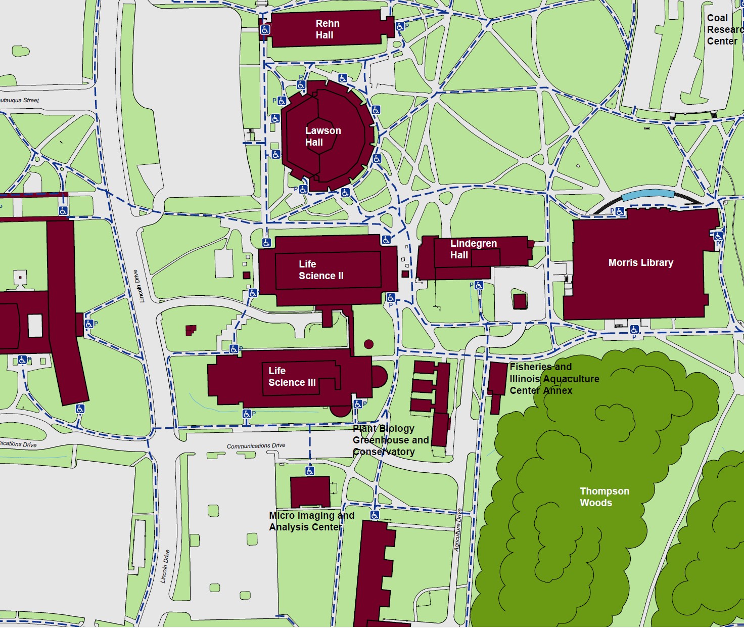Displaying Accessible pathways and entrances to Lawson Hall. Standard Accessible entrances located on the northeast, east, and southeast ends of the building. Powered accessible entrances located on the northwest, west, and southwest ends of the building.