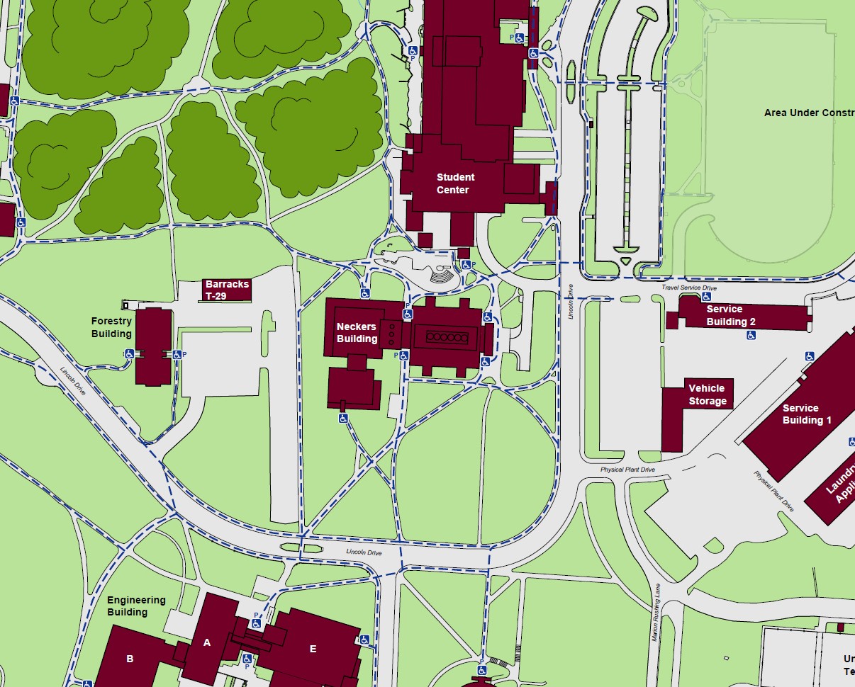 Displaying accessible pathways to Neckers building with standard accessible entrances on the northeast, northwest, southeast, and southwest ends of the building. Powered doors are located on the north and south ends of the building.