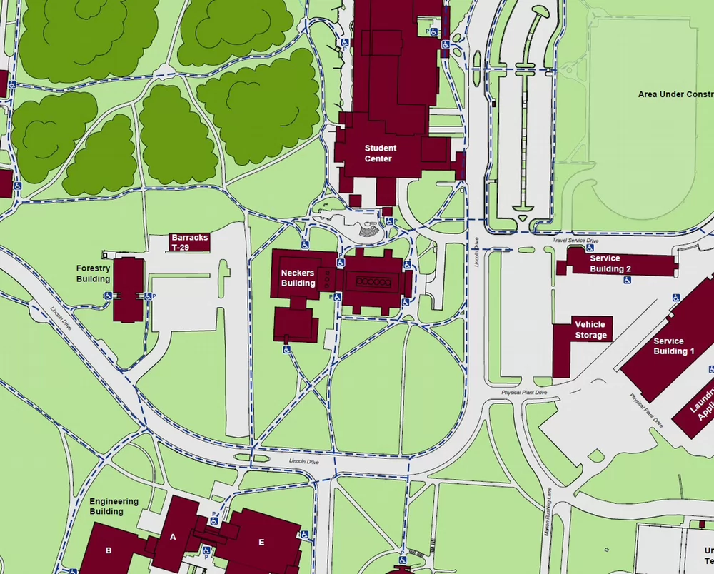Displaying accessible pathways to Neckers building with standard accessible entrances on the northeast, northwest, southeast, and southwest ends of the building. Powered doors are located on the north and south ends of the building.