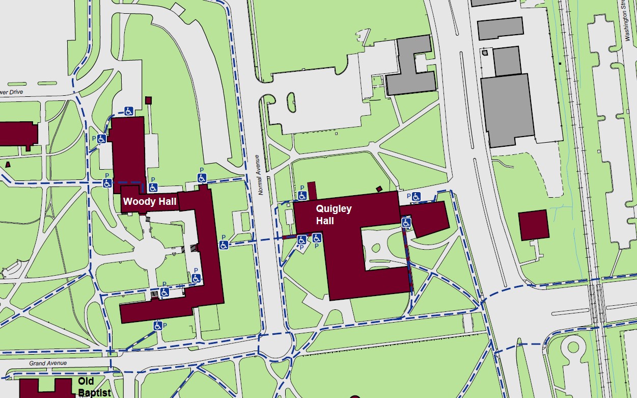 Displaying accessible pathways to Quigley Hall with powered accessible entrances on the northeast, northwest, and two on south sides of the building. A standard accessible entrance can also be found on the east side of the building.