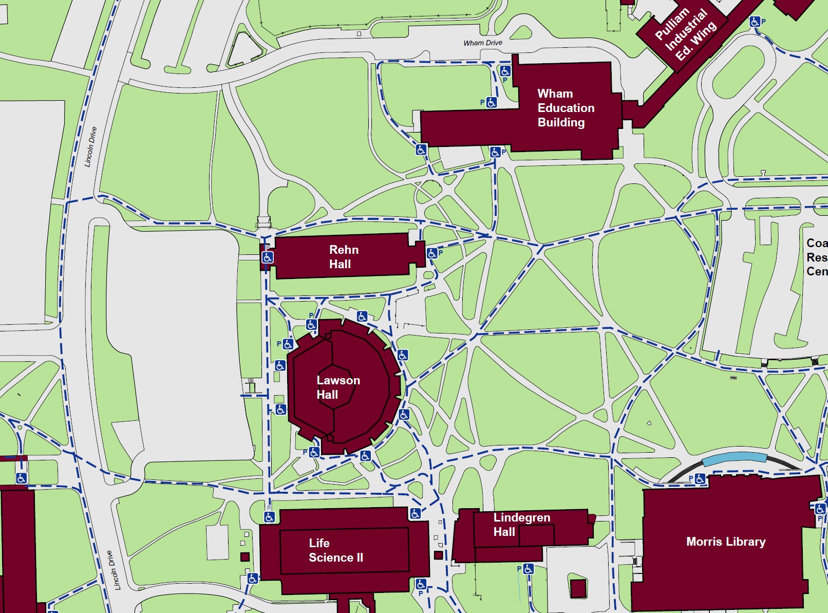 Displaying accessible pathways to Rehn Hall with a powered accessible entrance on the east side of the building, and a standard accessible entrance on the west side of the building.
