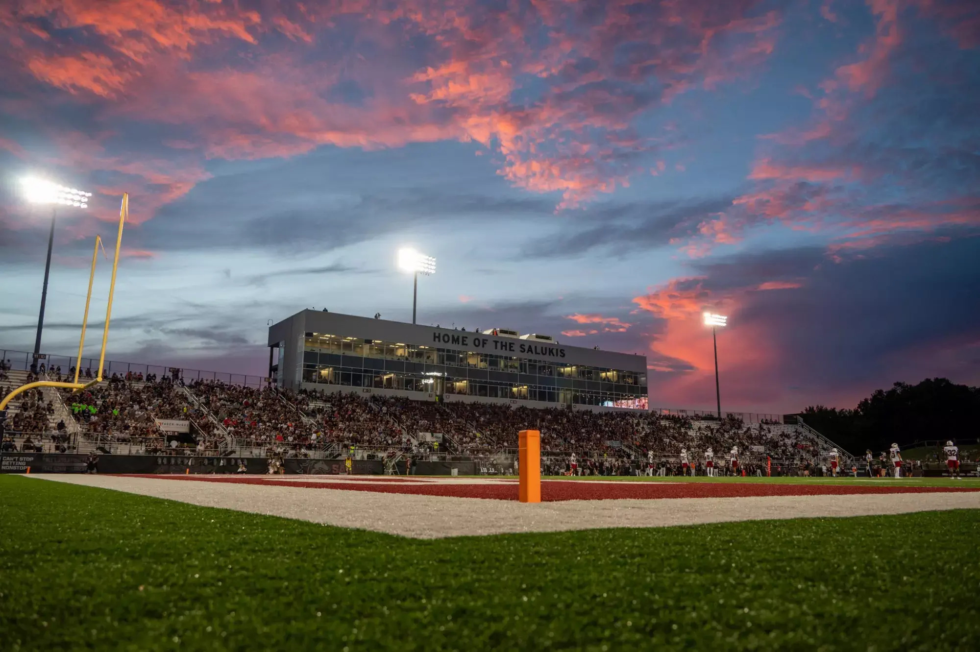 Saluki stadium from the field with fans in the stands