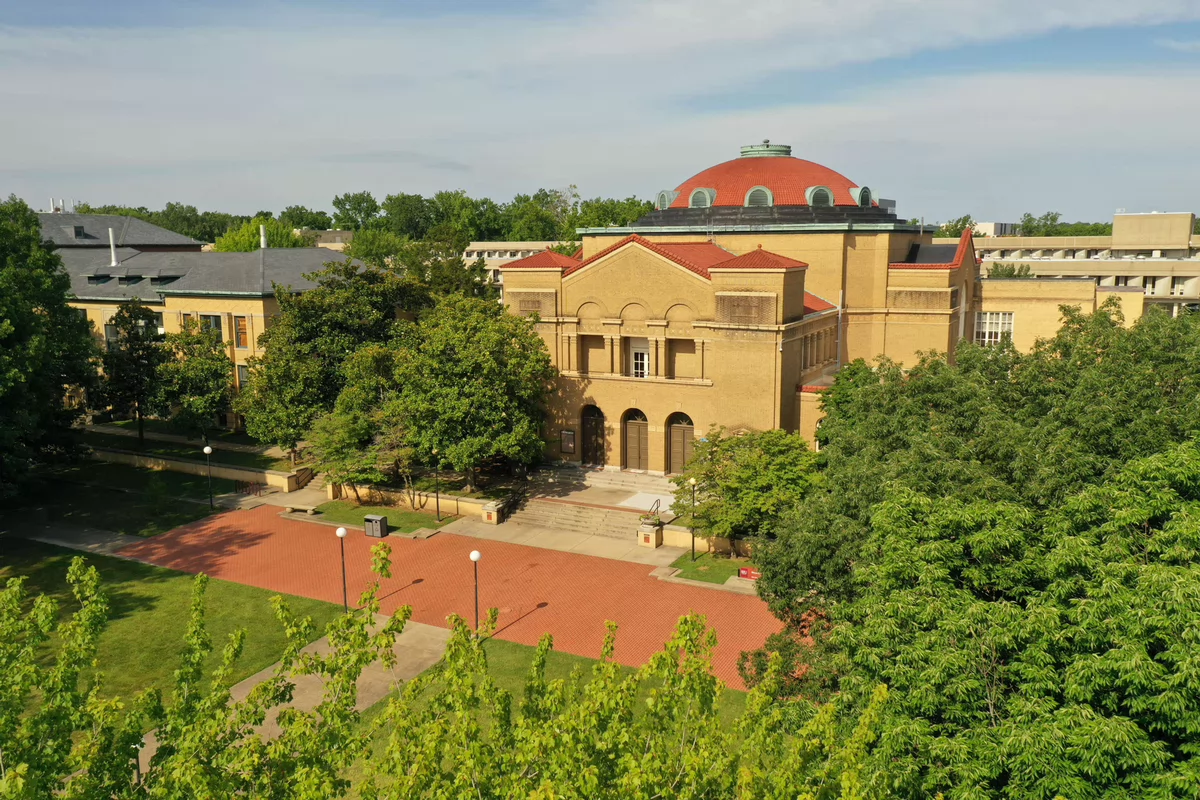 Drone photo of main entrance to Shryock Auditorium