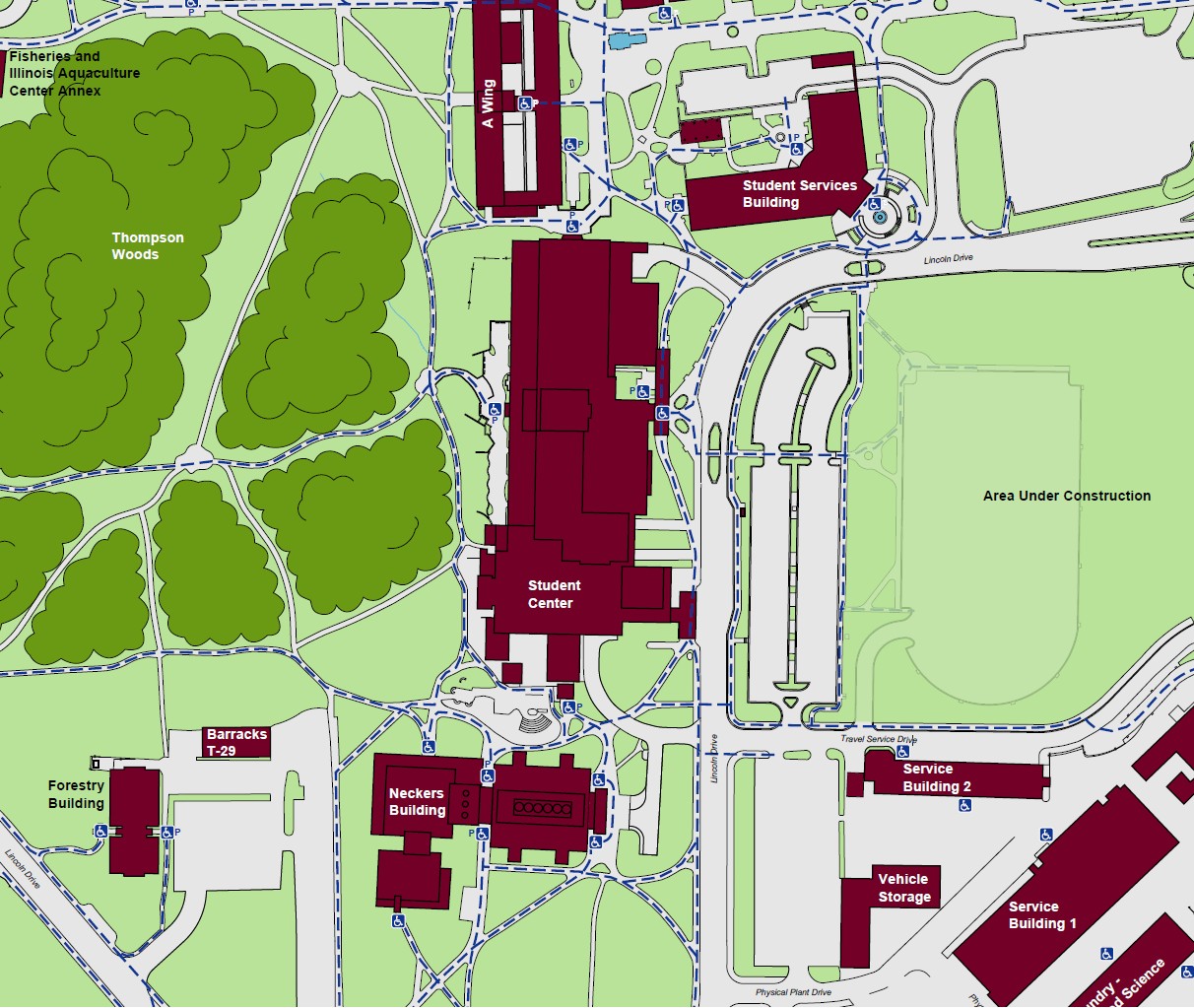Displaying accessible pathways and entrances to the student center. Powered accessible entrances are indicated at the North, South, East and West ends of the building with a standard accessible entrance indicated on the East side as well.