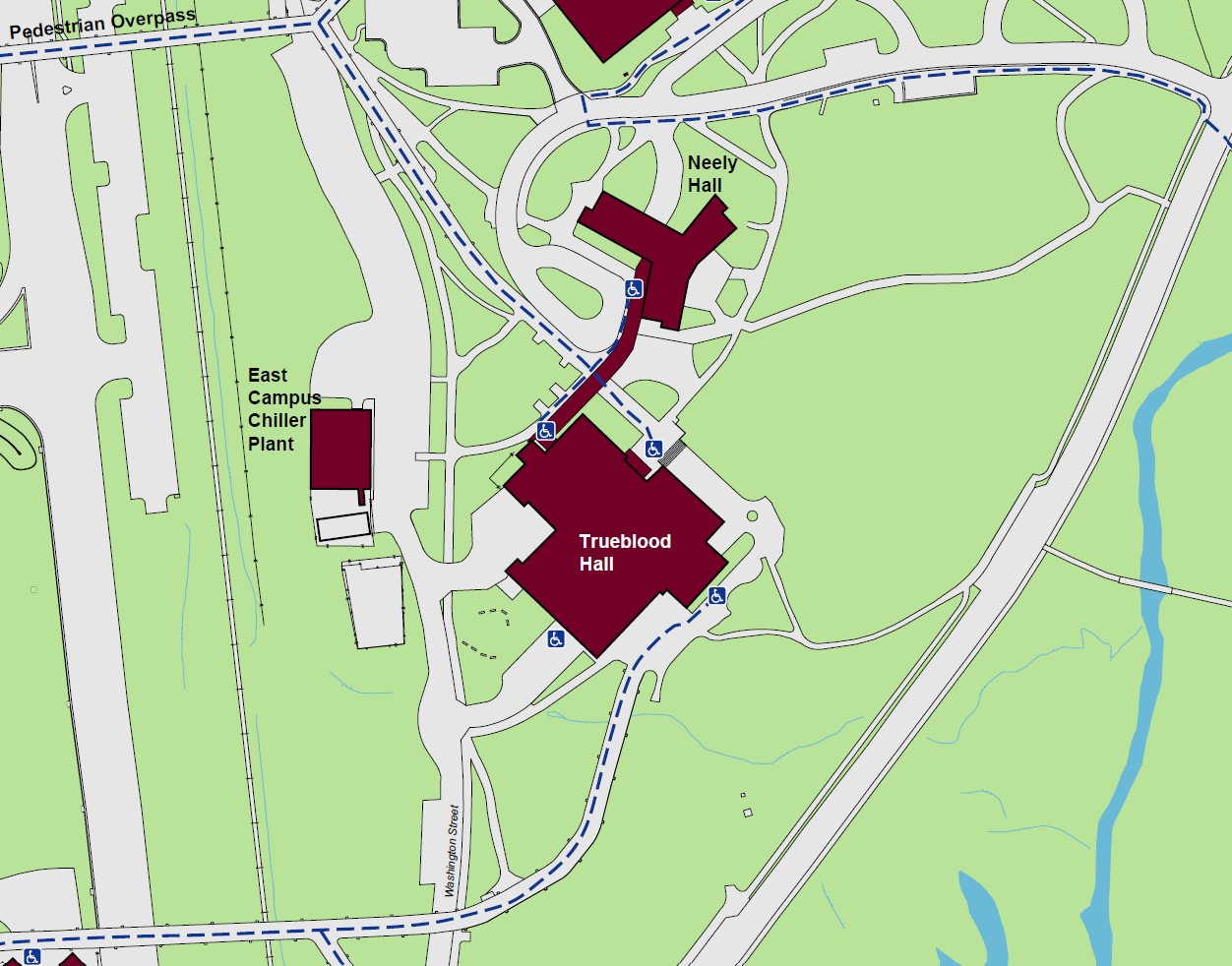 Displaying accessible pathways to Trueblood Hall with standard accessible entrances at the North, Northwest, Southwest, and Southeast sides of the building.