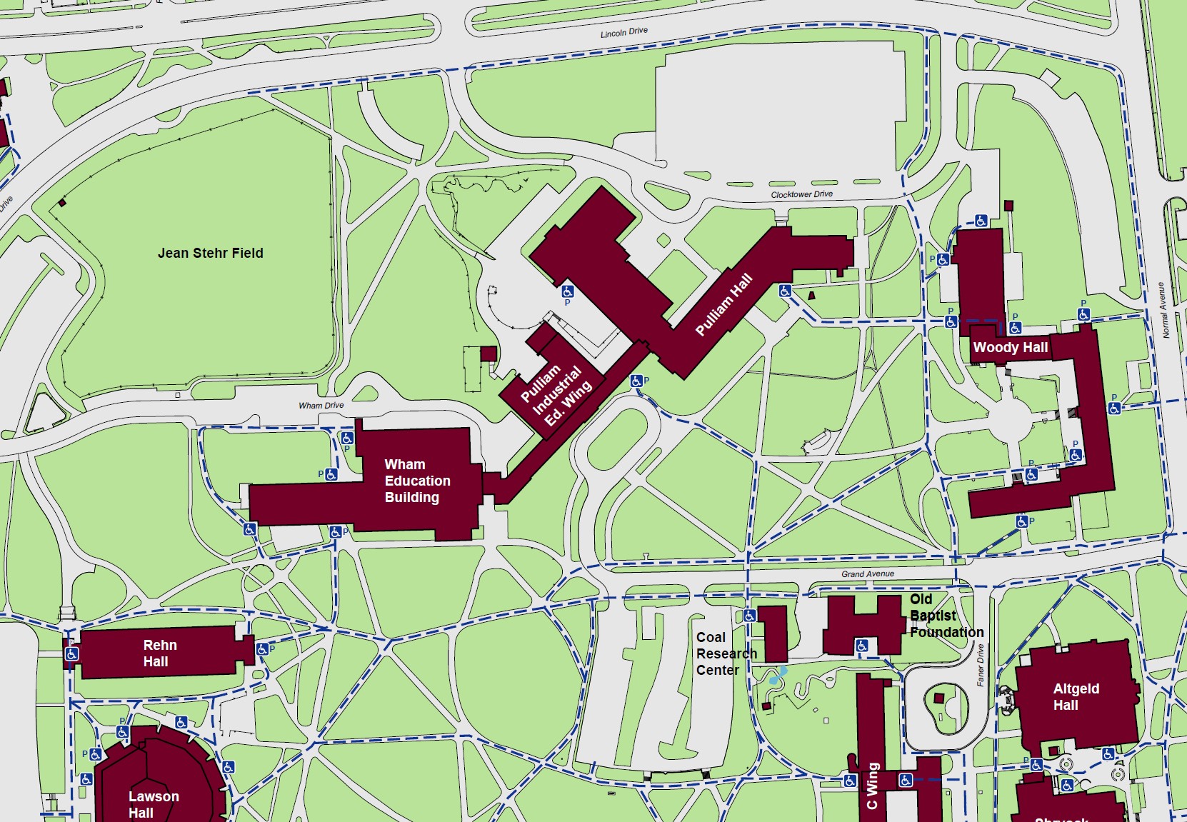 Displaying accessible pathways to Wham Building. Indicating three powered accessible entrances, one on the south end of the building, and two to the north end. A standard accessible entrance is indicated at the west end of the building.