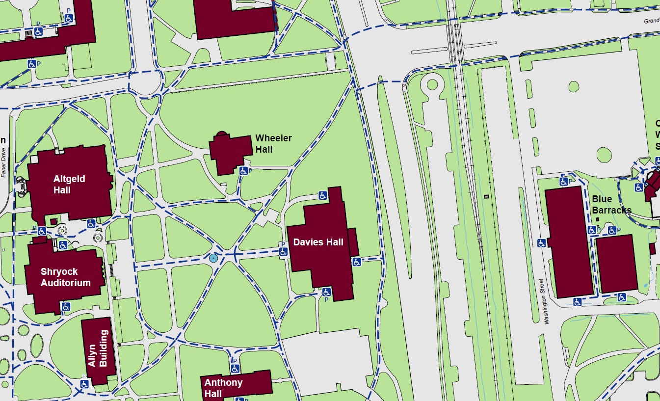 Displaying accessible pathways to the Wheeler Hall with a powered accessible entrance on the southeast side of the building.