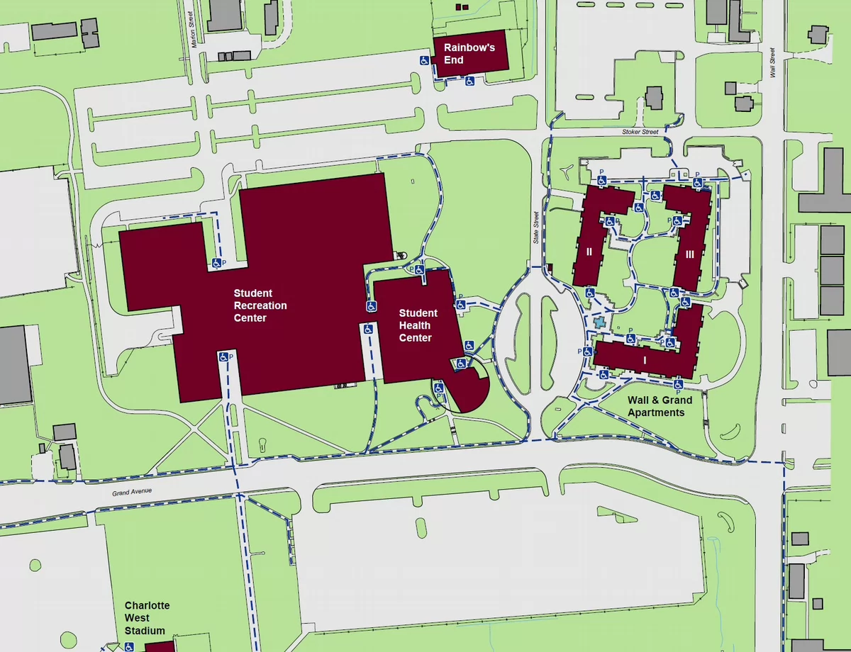 Displaying accessible pathways to the Student Health Center with powered accessible entrances indicated on the North, South and East ends of the building. Standard accessible entrances are indicated at the southeast and west ends of the building.